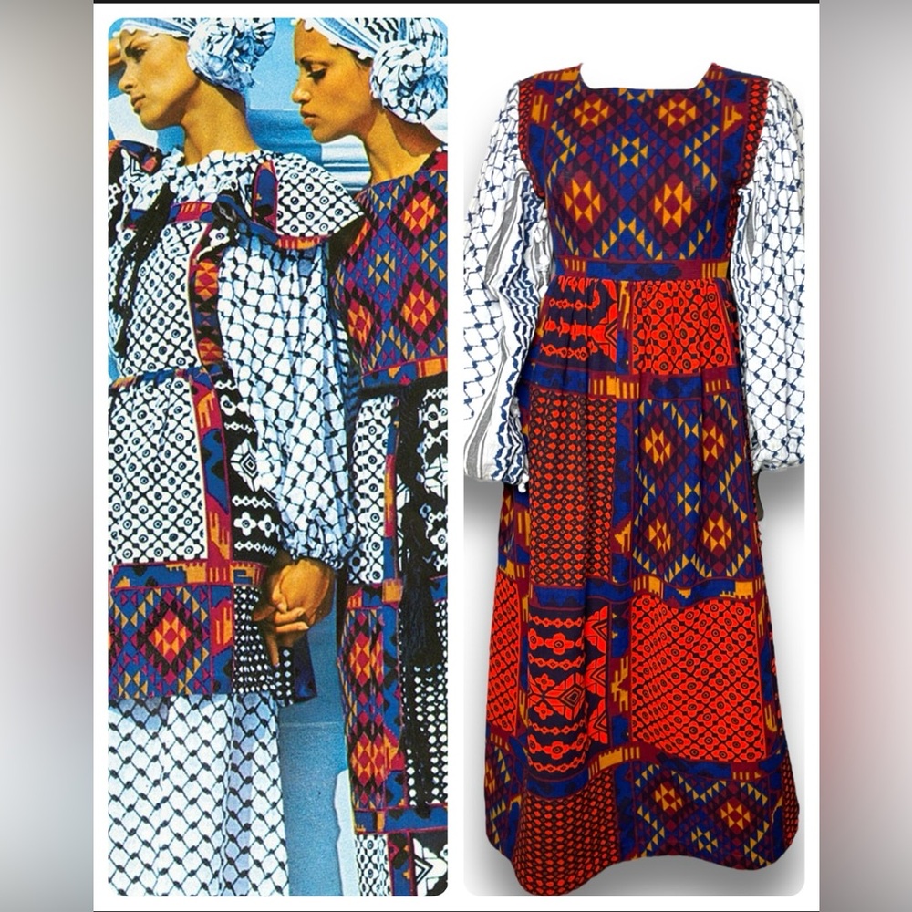 1970s Rikma Geometric Bohemian Maxi Dress